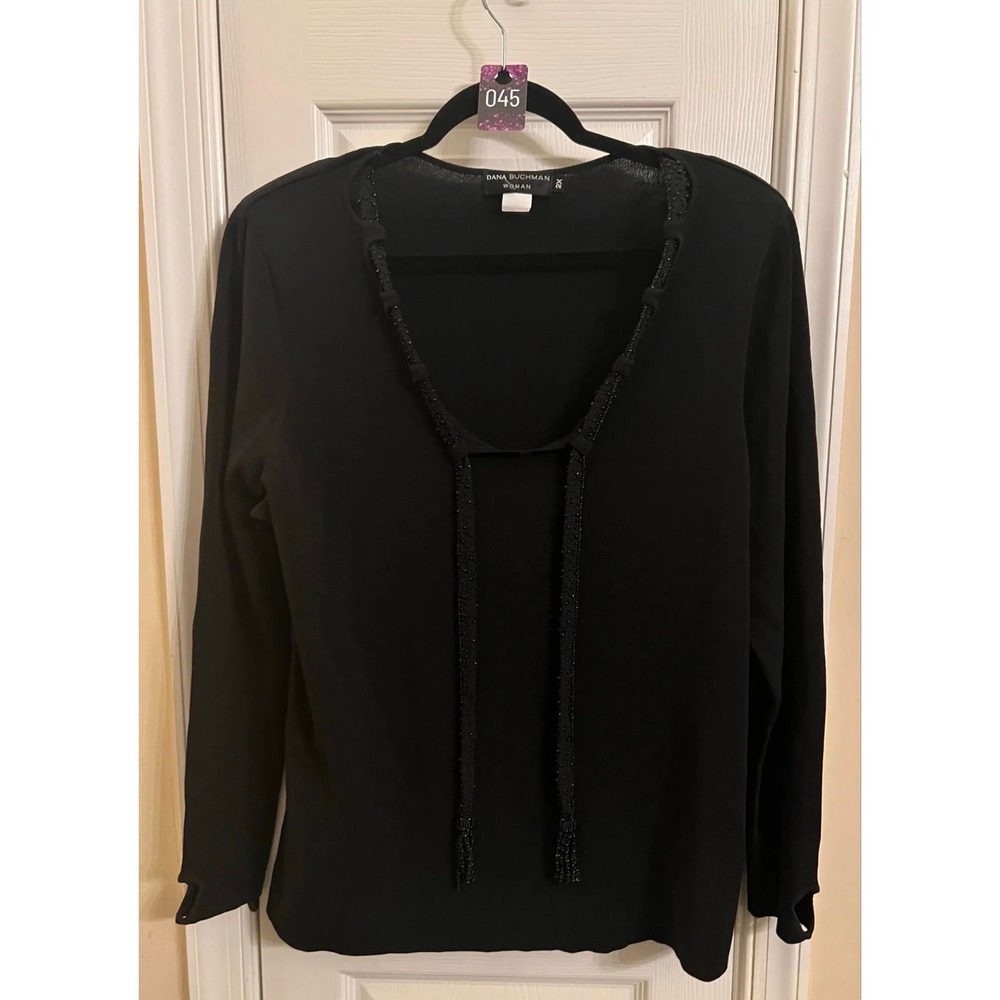 Dana Buchman Woman Black Beaded Tassel V-Neck Long Sleeve Knit Top 2X